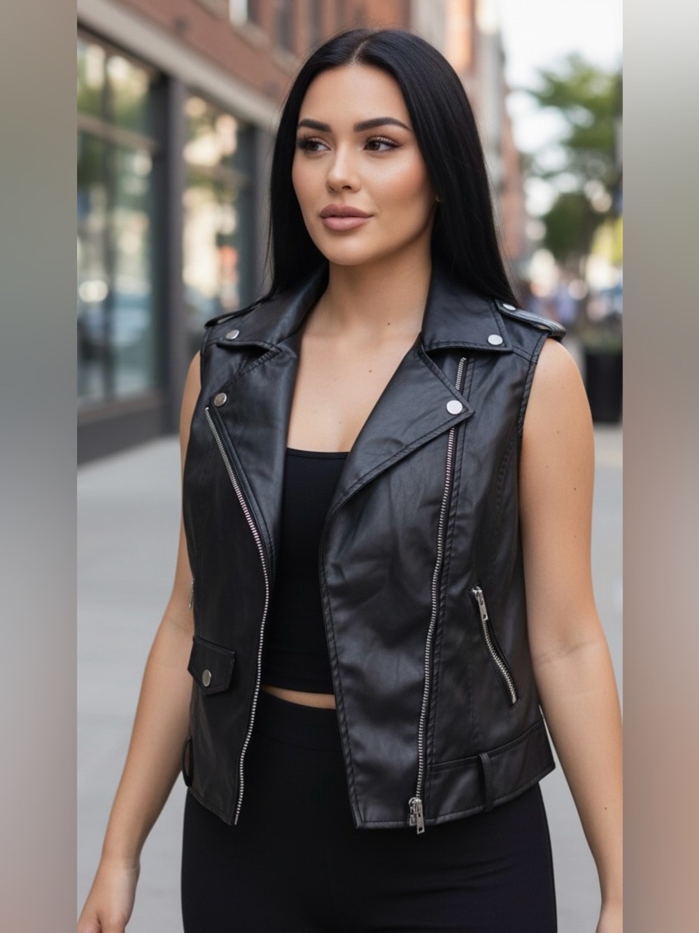 Fang Black Faux Leather Vest Size Large